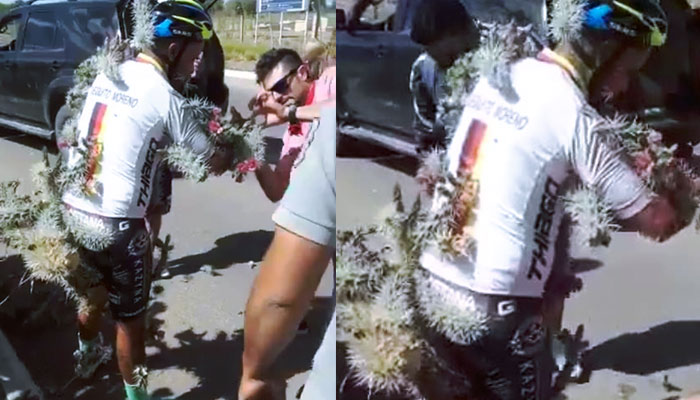 Un ciclista amateur se cae sobre unos grandes cactus durante una carrera en Argentina