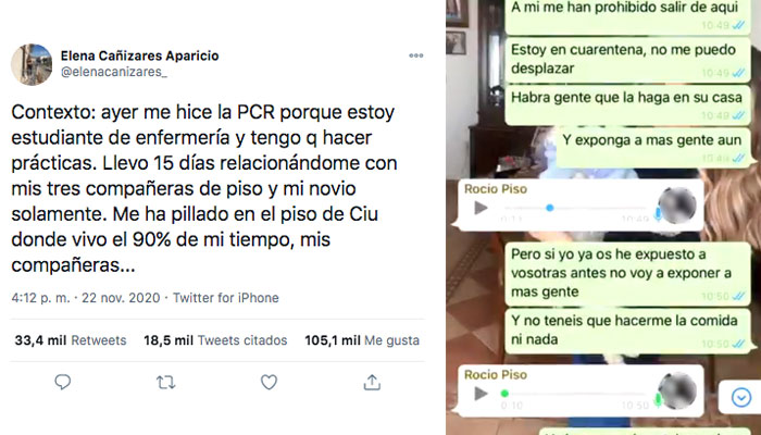 Elena Cañizares, la enfermera con Covid a la que sus compañeras de piso quieren echar, se hace viral la conversación con ellas