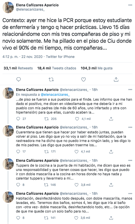 Elena Cañizares, la enfermera con Covid a la que sus compañeras de piso quieren echar, se hace viral la conversación con ellas