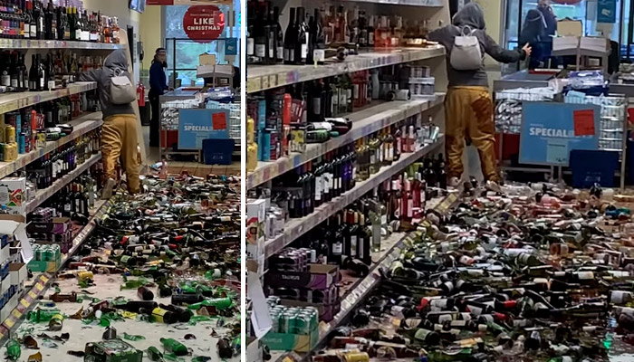 Una mujer enloquece en un supermercado y rompe cientos de botellas de alcohol contra el suelo