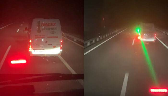 Un conductor de Nacex utiliza un puntero láser desde su furgoneta de reparto para cegar al conductor que le sigue