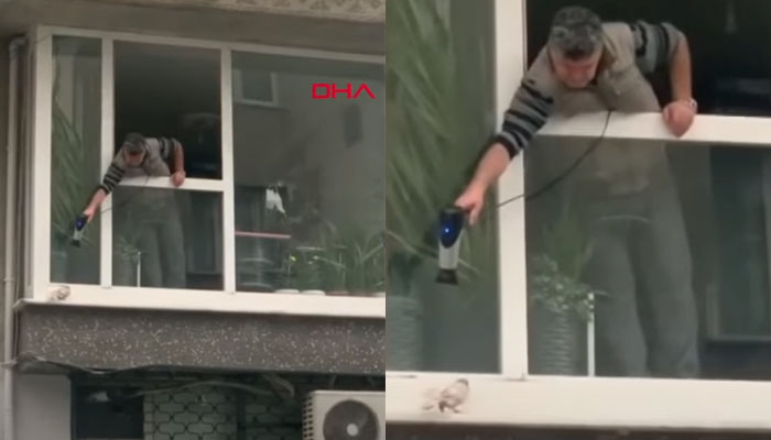 Un hombre calienta una paloma desde su ventana con un secador un día de frío y lluvia