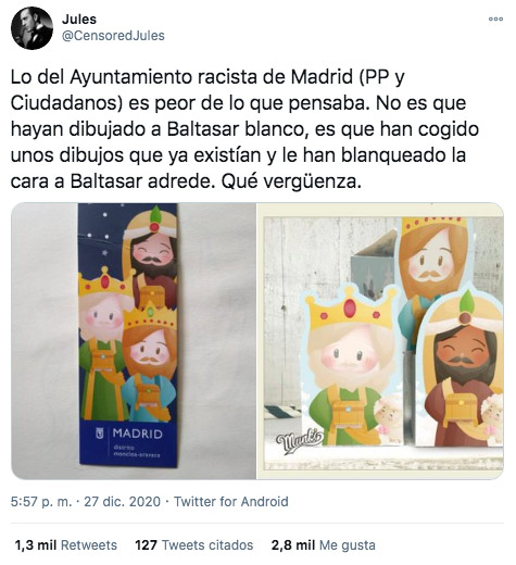 El Ayuntamiento de Madrid elimina el color negro del rey Mago Baltasar en el cartel de la cabalgata 2020