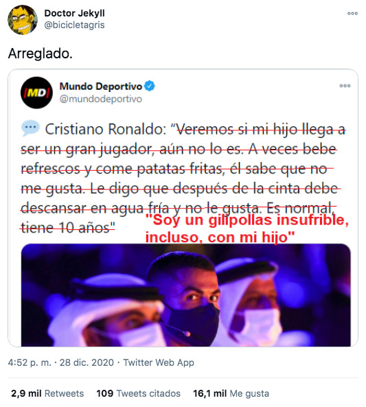 Un tuitero ''arregla'' unas declaraciones de Cristiano Ronaldo sobre su hijo