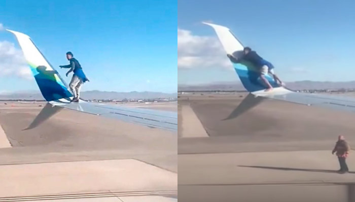 Un hombre se sube al ala del avión antes de despegar en Las Vegas
