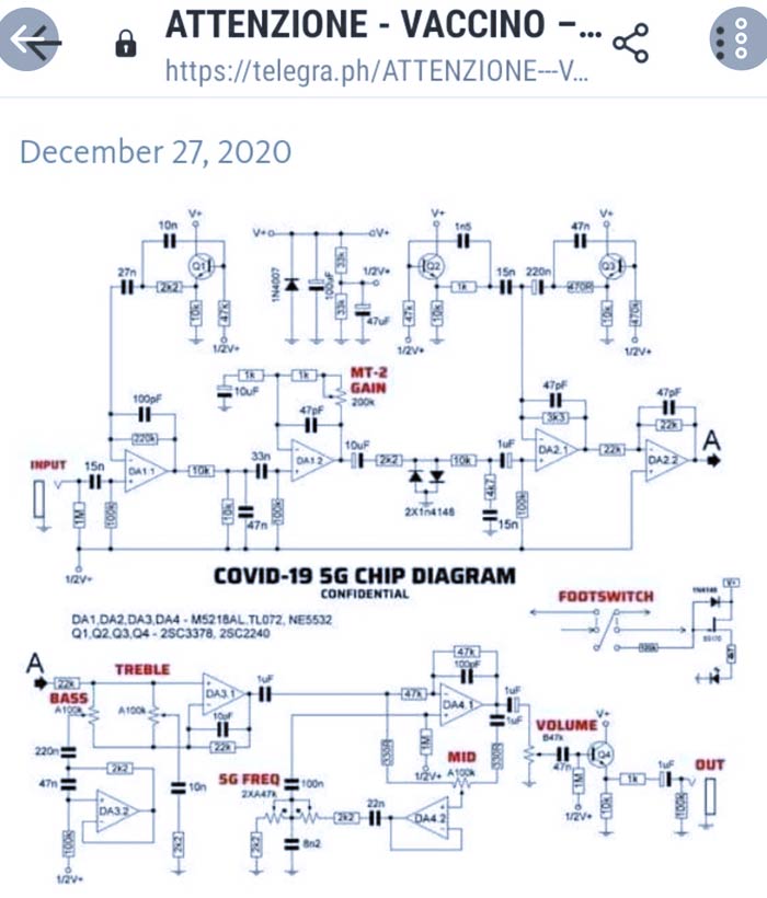 Negacionistas están difundiendo esquema de un pedal de guitarra eléctrica como supuesto plano del chip 5G de la vacuna