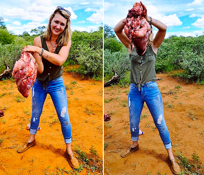 Una mujer posa con el corazón de una jirafa después de que su marido le regalase disparar al animal por San Valentín
