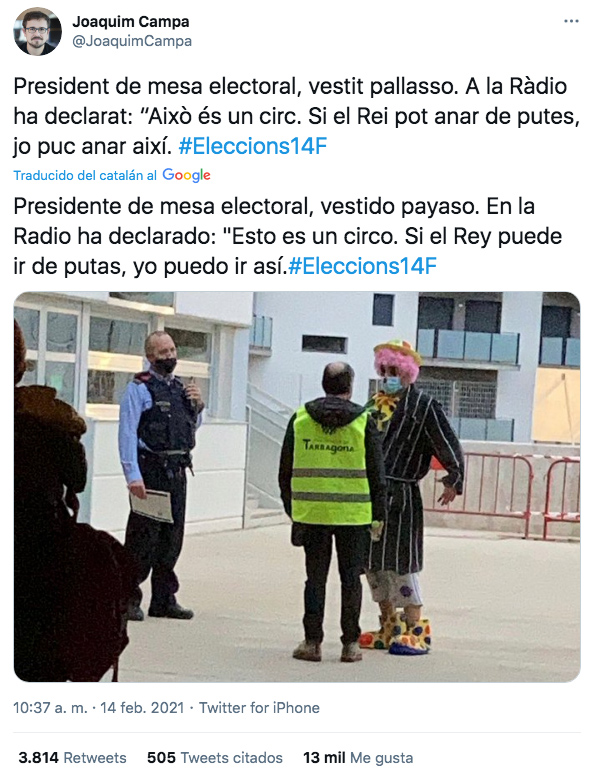 El presidente de una mesa electoral en Cataluña vestido payaso. Ojo a sus declaraciones en la radio