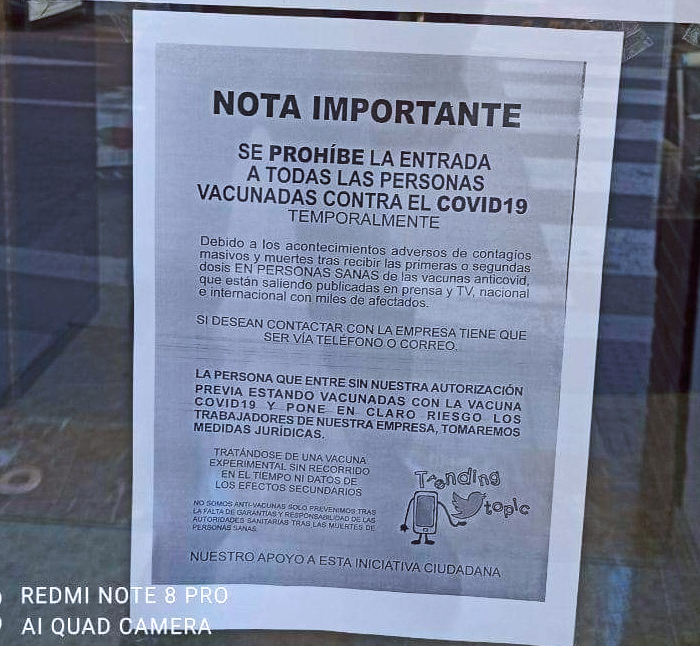 ''Se prohíbe la entrada a todas las personas vacunadas contra el Covid-19''