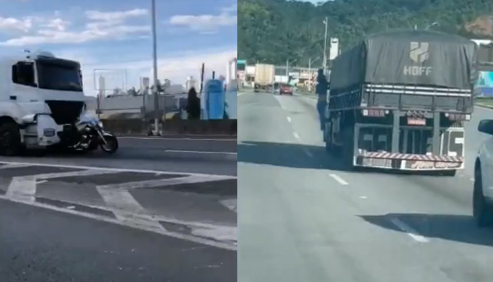 Pesadilla en la autopista: Un camión arrastra durante 32 km una moto. El motorista se cuelga de la cabina