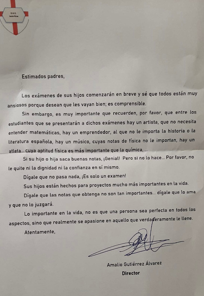 ''El director de mi colegio ha enviado este comunicado a todos los padres. Increíble''