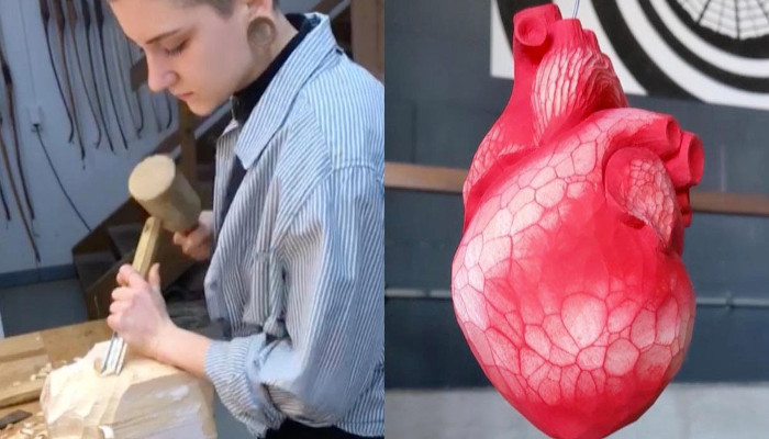 Este corazón está hecho a mano tallado en madera por una artista alemana de 24 años