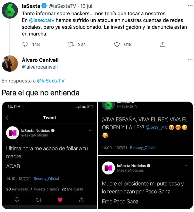 Hackean varias cuentas de Twitter de La Sexta y publican los siguientes mensajes...