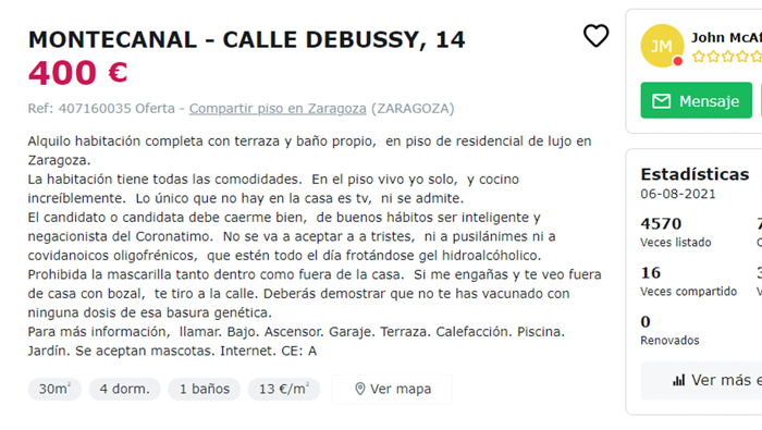 El anuncio para alquilar una habitación: ''Solo negacionistas. Si te veo con mascarilla, te echo''