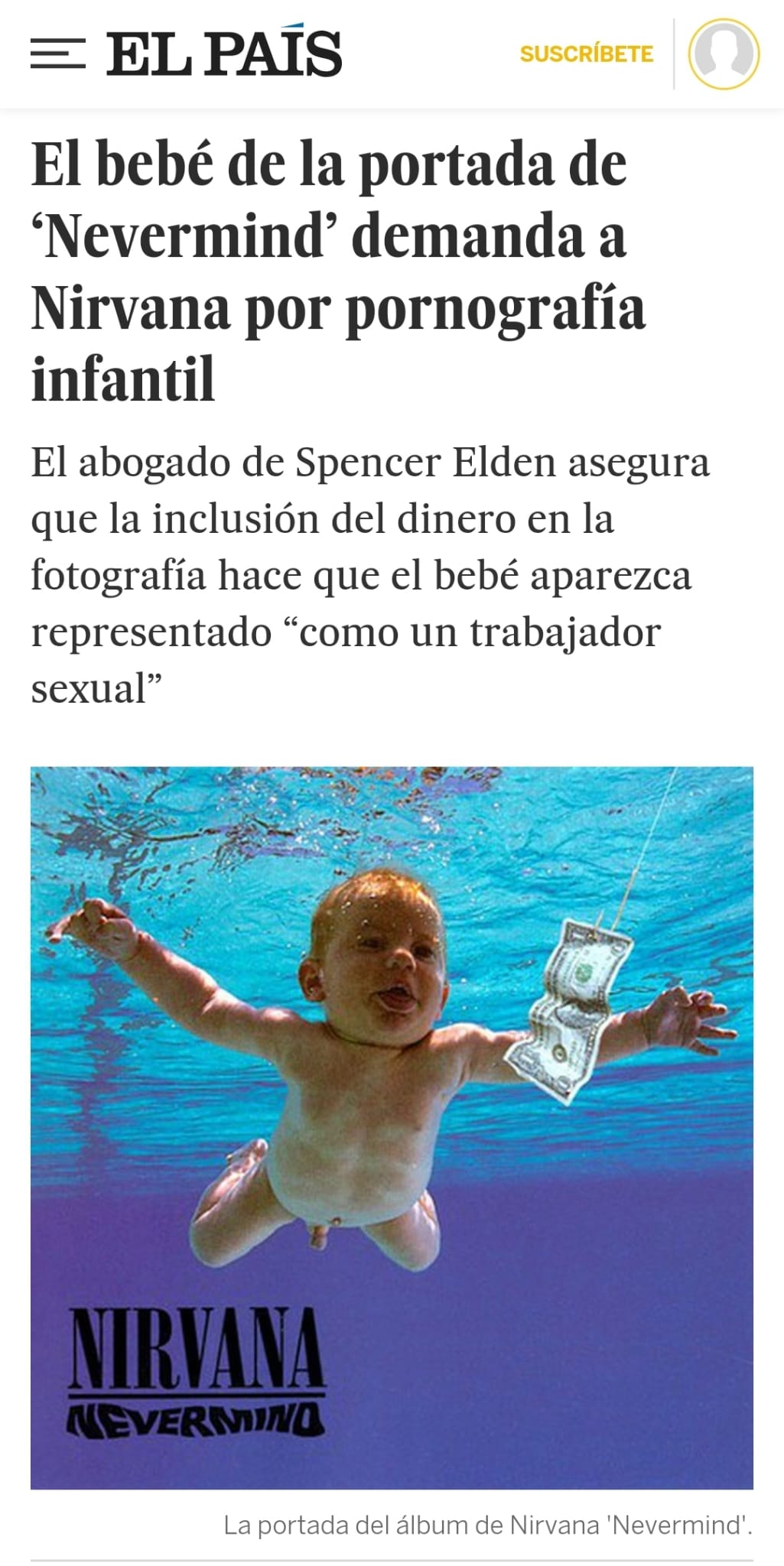 El bebé de la portada de 'Nevermind' demanda a Nirvana por la mítica foto bajo el agua