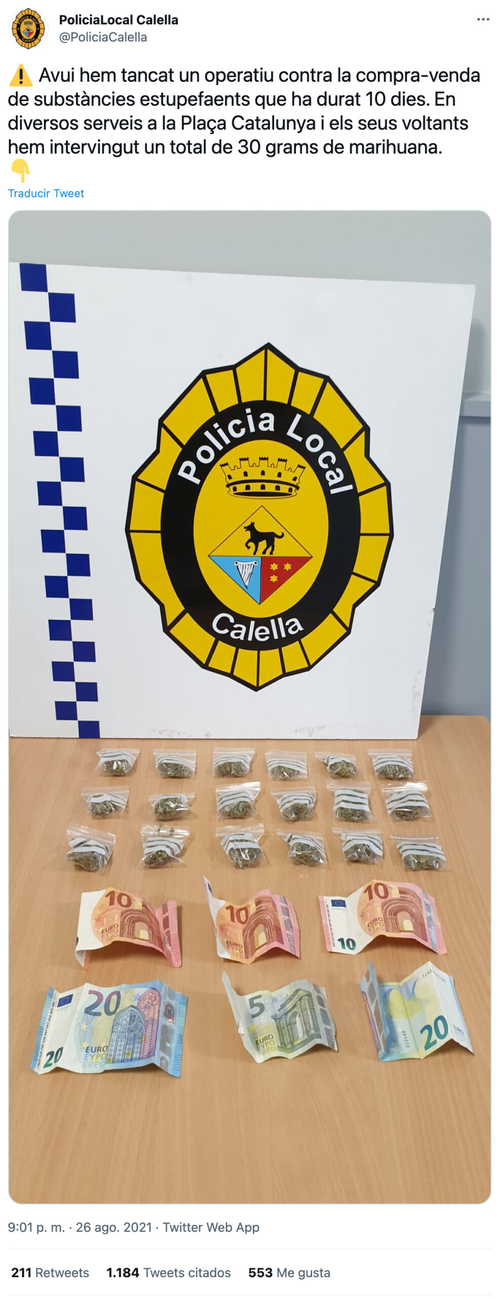 Narcos Calella: Cachondeo con el anuncio de una operación policial con 30 gramos de maría y 75 euros