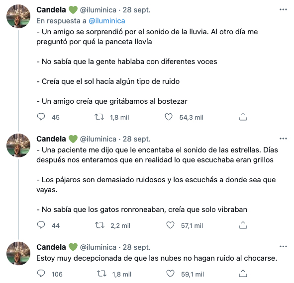 ''Estoy leyendo experiencias de 'ex sordos' que cuentan qué les sorprendió al escuchar algo por primera vez y LAS RESPUESTAS ME DAN VIDA. Les dejo algunas''