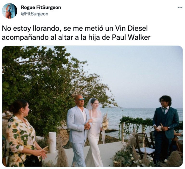 "No estoy llorando, se me metió un Vin Diesel acompañando al altar a la hija de Paul Walker"