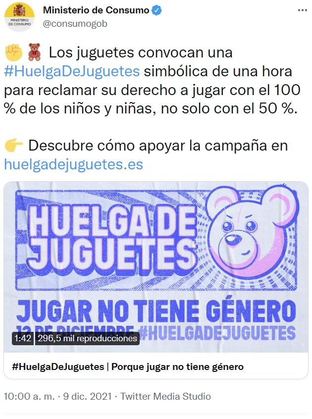 El Ministerio de Consumo promueve una «huelga de juguetes» porque «jugar no tiene género»