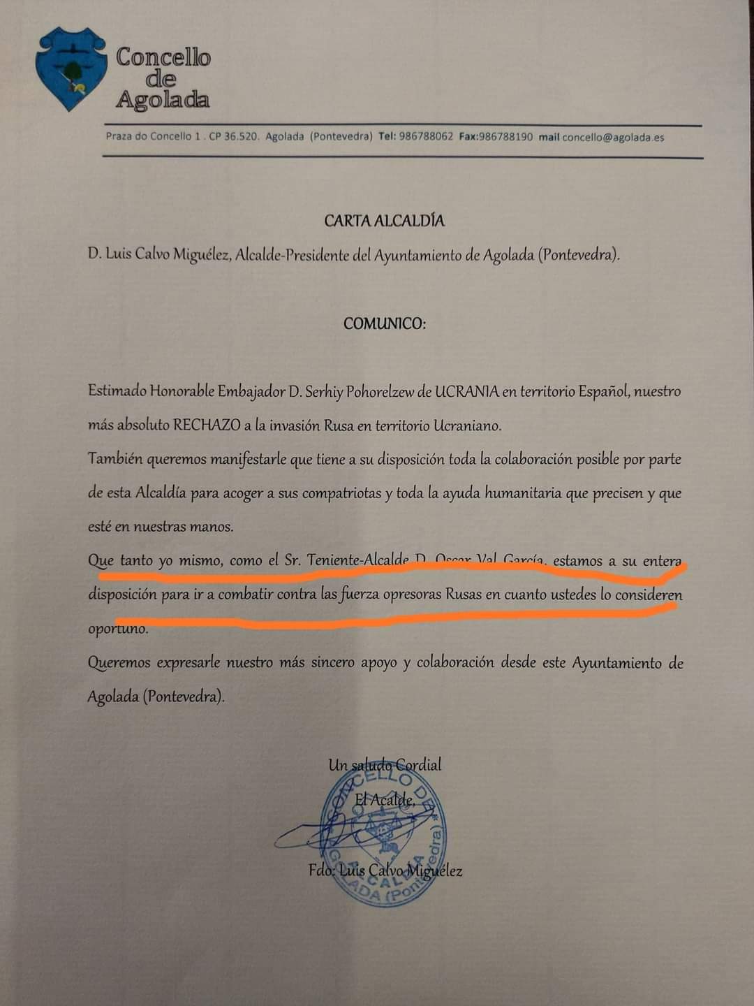 El alcalde de Agolada (municipio de Pontevedra) se ofrece a formar parte del ejército ucraniano